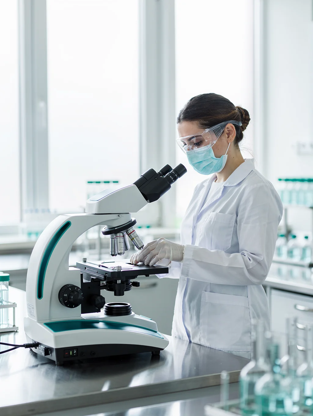 Laboratory scientist in sterile lab coat and protective eyewear