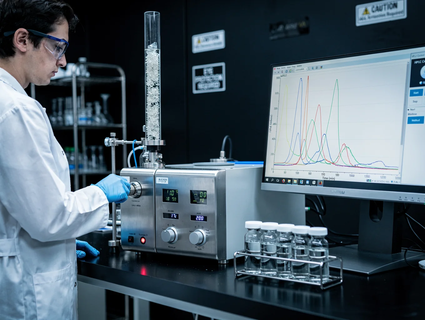 Analytical laboratory instrumentation and technicians performing chemical assay