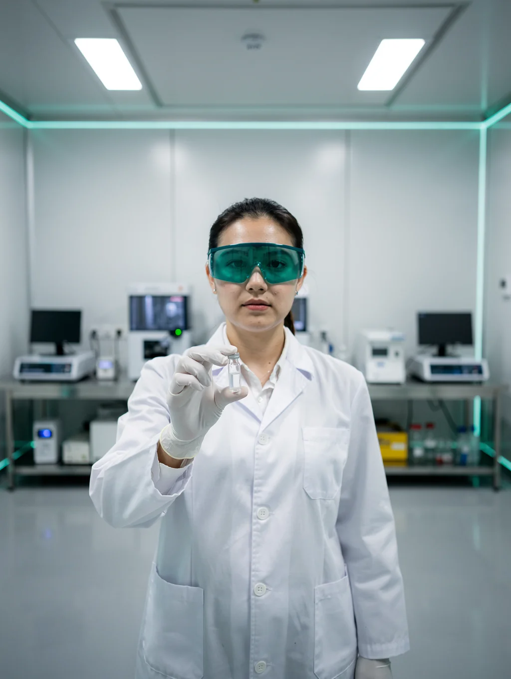 Laboratory technician in sterile cleanroom protective goggles