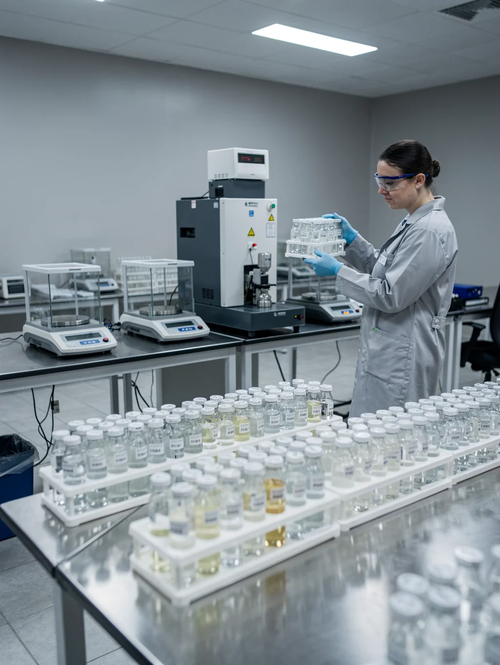 Laboratory scientist in white coat and nitrile gloves inspecting a chemical sample vial