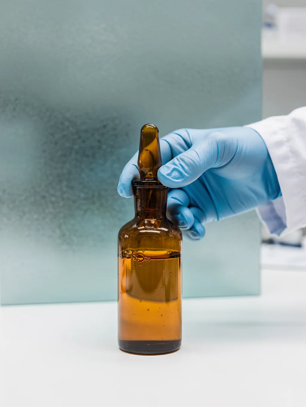 Laboratory technician examining oil-based compound sample in sterile amber vial