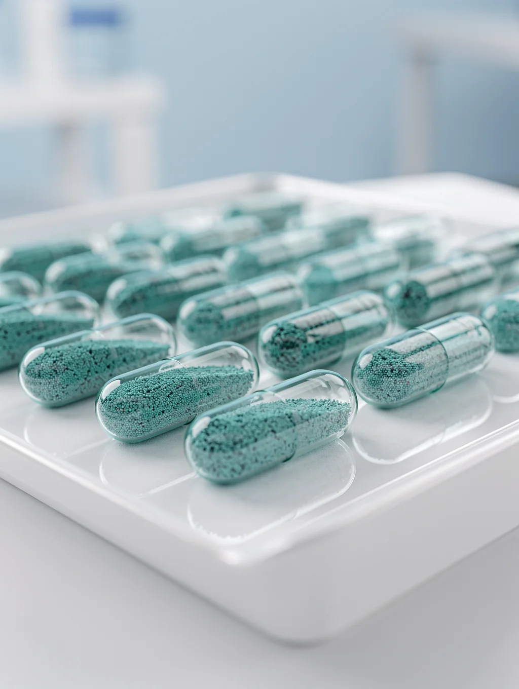 Pharmaceutical capsule specimens arranged on sterile glass laboratory plate