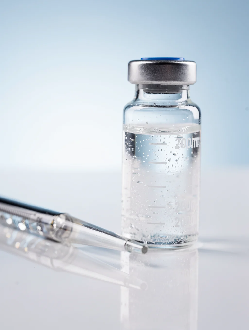 Sterile glass laboratory vials containing liquid peptide and oil samples for chemical testing