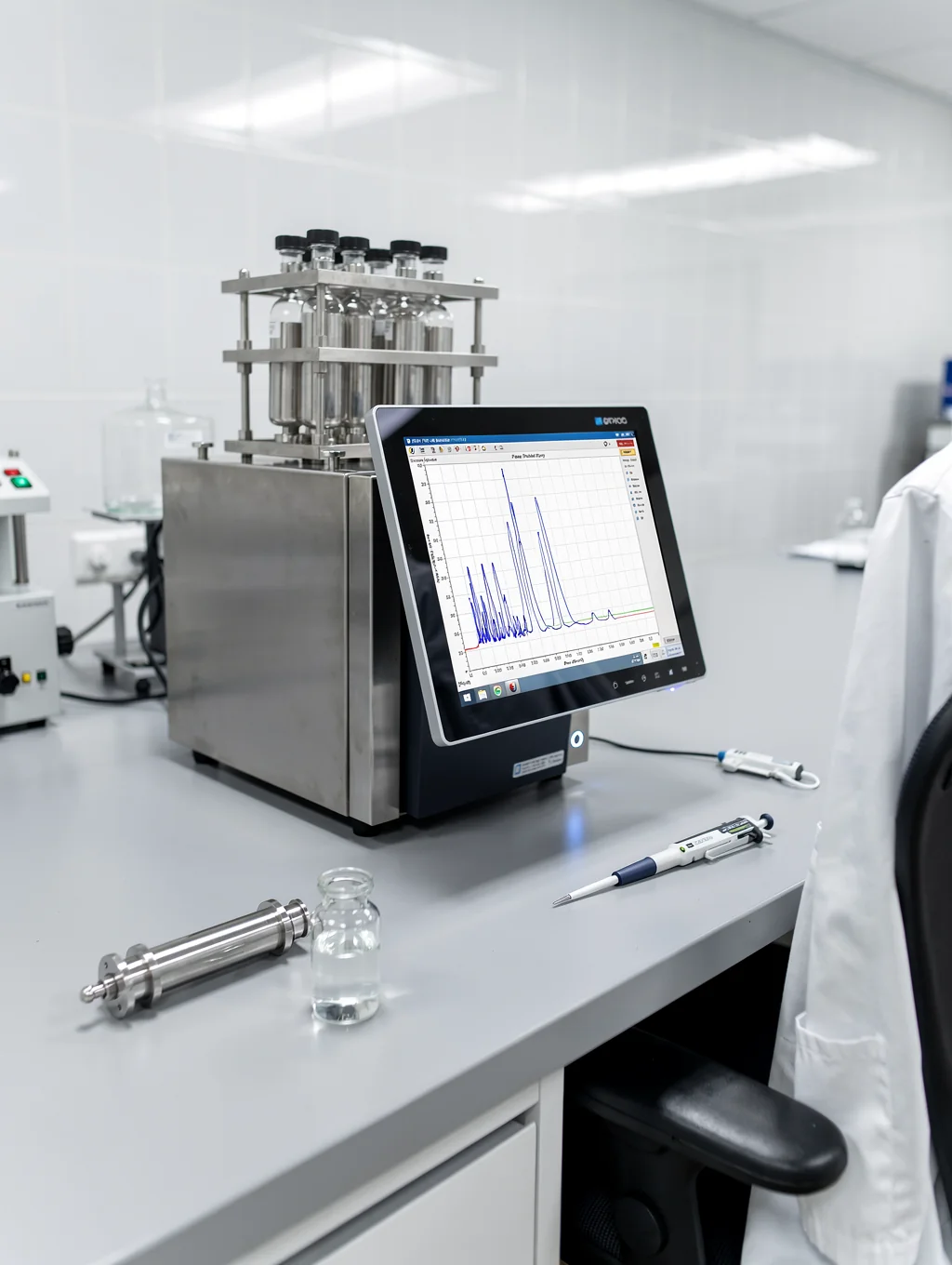 Precision liquid chromatography vial positioned for protein purity testing